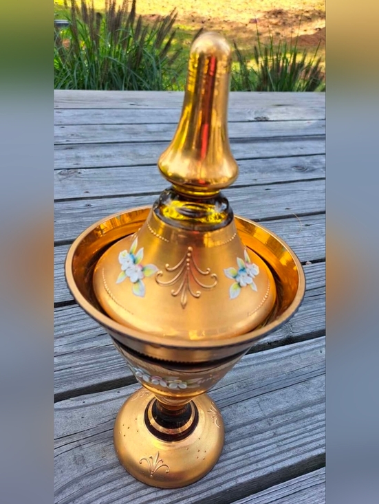 Vintage Other - Antique BOHEMIAN Gold Gilt ENAMEL Amber Glass PEDESTAL Candy Jar Dish W/Lid